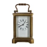 French miniature carriage clock timepiece, within a corniche brass case, 4" high; also with outer