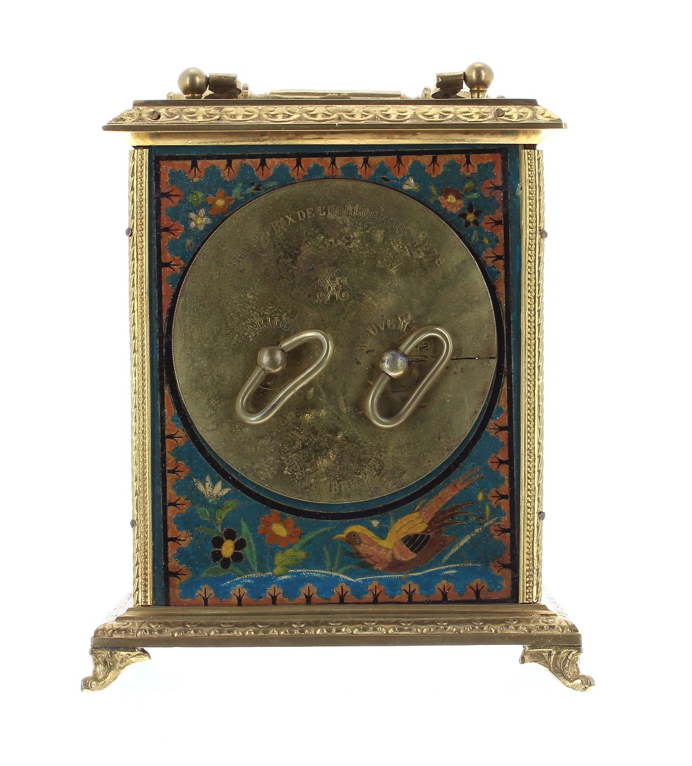 Carriage clock timepiece with alarm, the 2.5" white dial within a panelled case painted with birds - Image 3 of 3