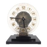 ATO Art Deco electric mantel clock, the 8.5" frosted dial in the manner of Lalique with gilt block