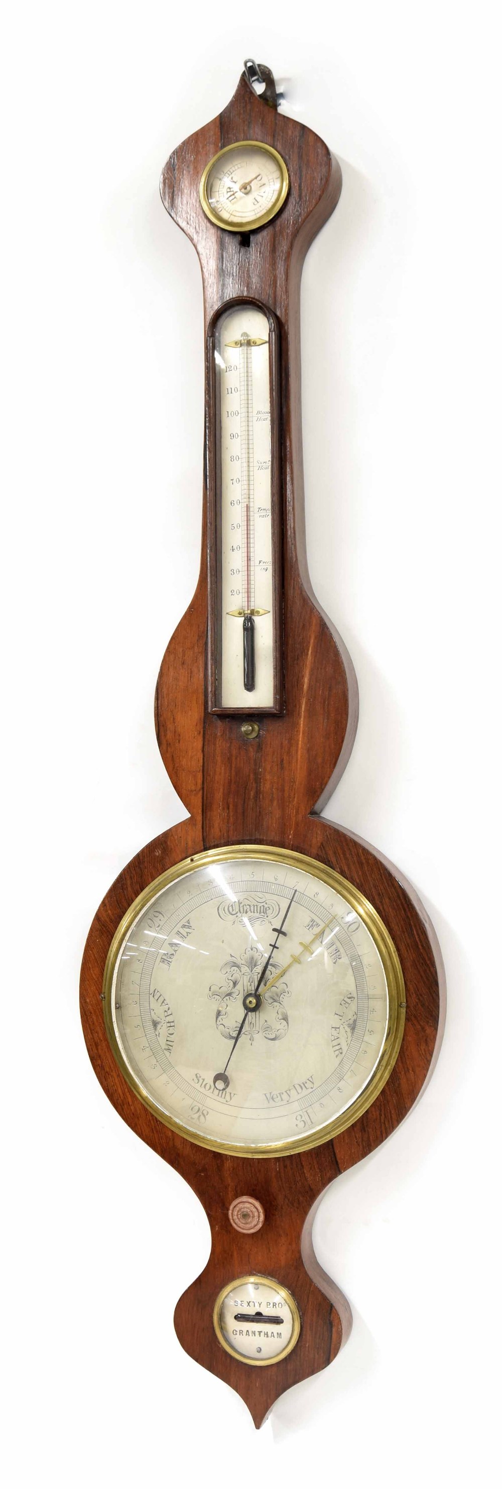 Rosewood four glass wheel barometer signed Sexty Bros Grantham, the 8" principal silvered dial