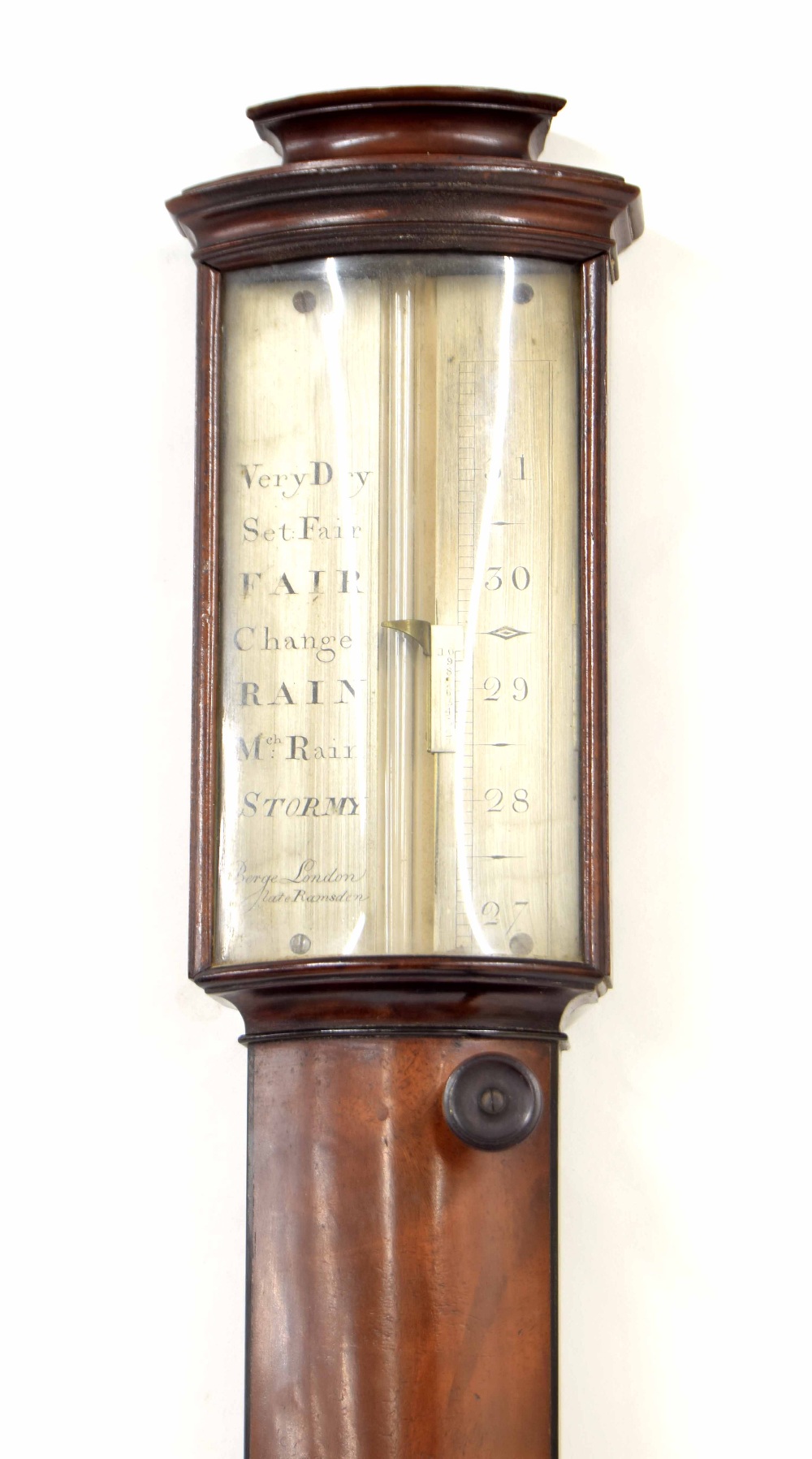 Fine mahogany bow front stick barometer, the silver scale signed Berge, late Ramsden, London, over a - Image 2 of 2