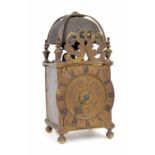 Antique English lantern clock with alarm, the 4.75" chapter ring enclosing a recessed centre