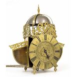 Interesting English verge brass hook and spike winged lantern clock, the 7.25" brass dial
