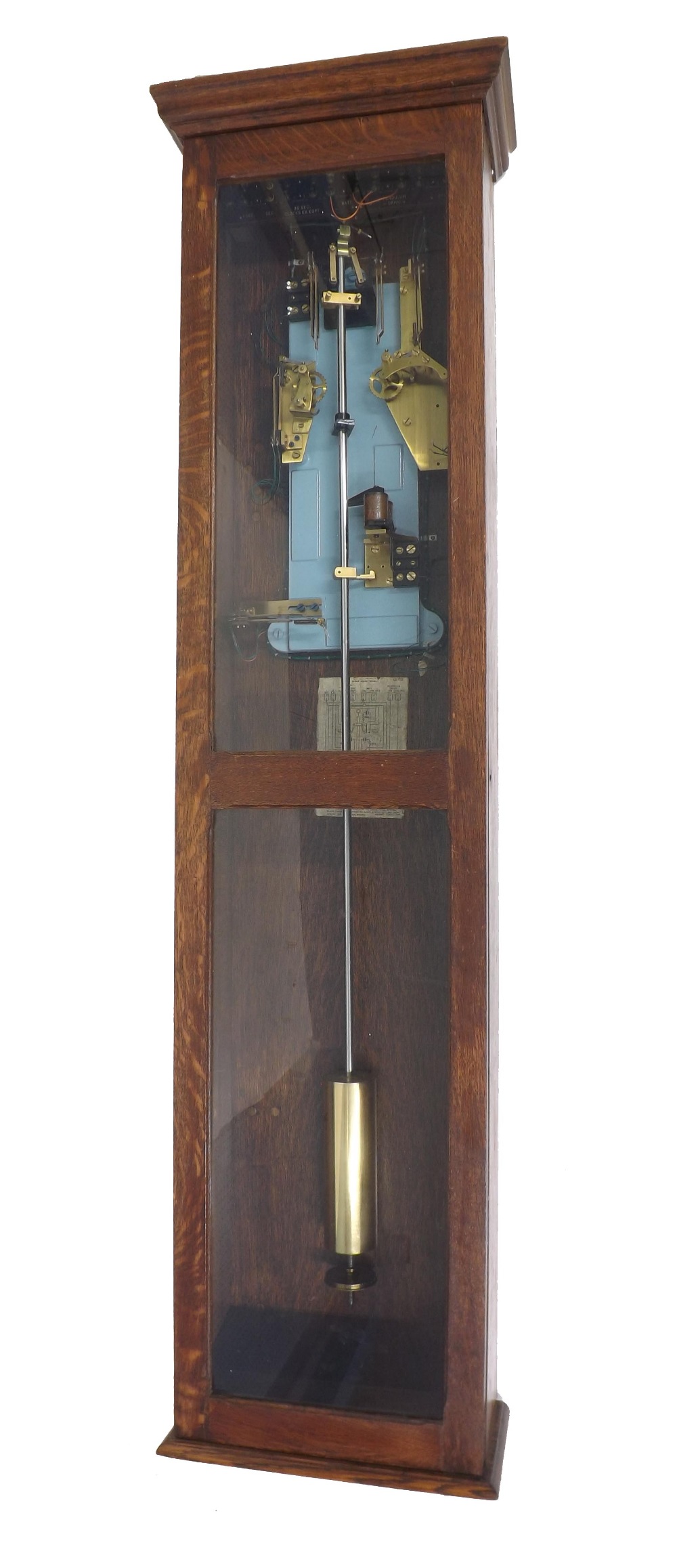 Magneta Post Office (PO 36) Exchange longcase electric master clock, within a two-part oak glazed