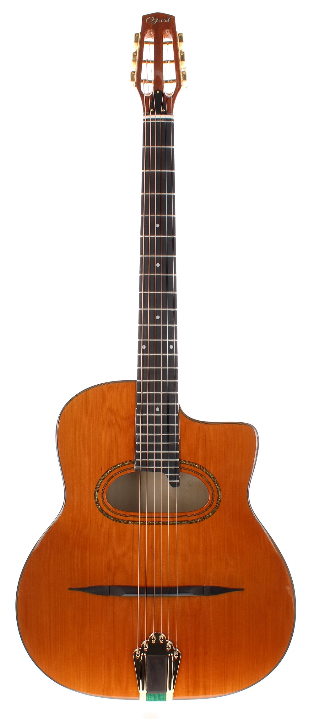 Ozark 3613 gypsy acoustic guitar; Finish: natural; Fretboard: ebony; Frets: good; Hardware: good;