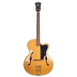1980s Hofner archtop guitar, made in in Germany; Finish: blonde, lacquer checking, minor dings,