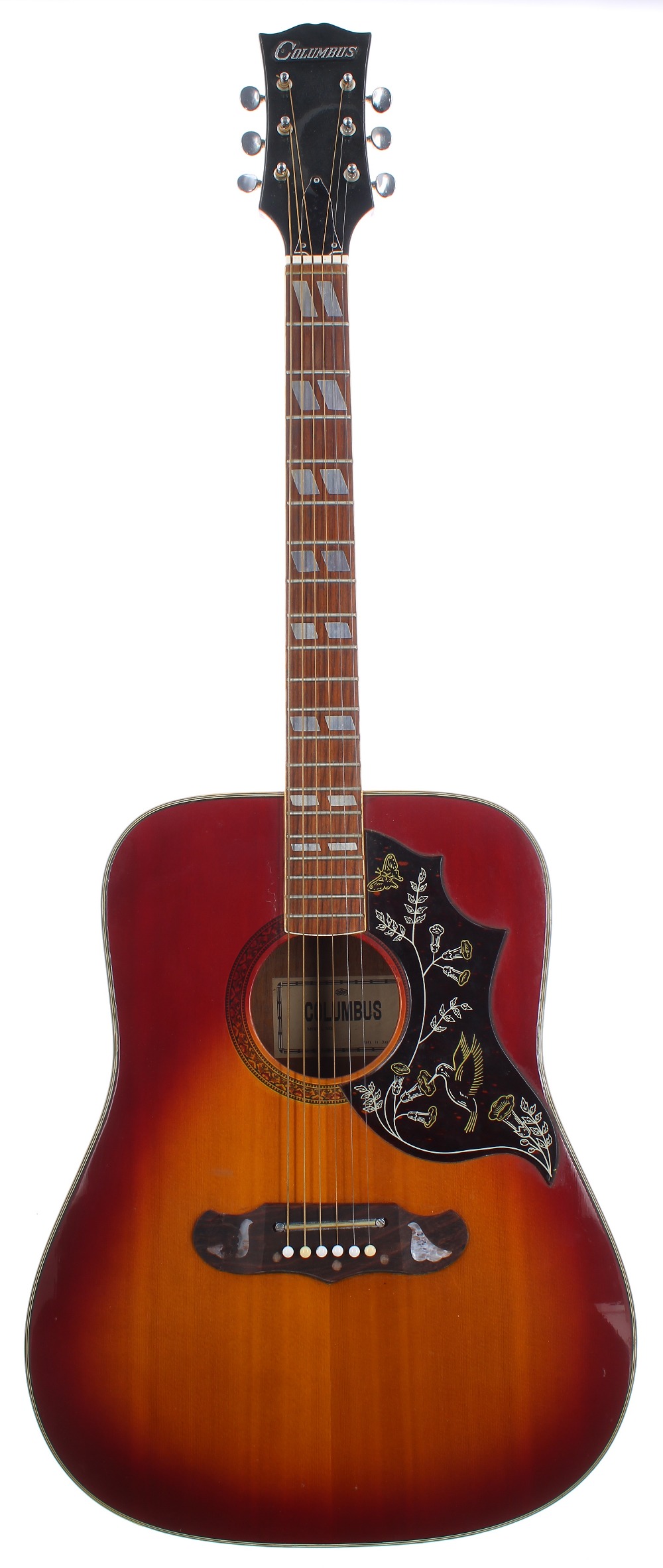 1970s Columbus Hummingbird acoustic guitar, made in Japan; Finish: cherry sunburst, many scratches