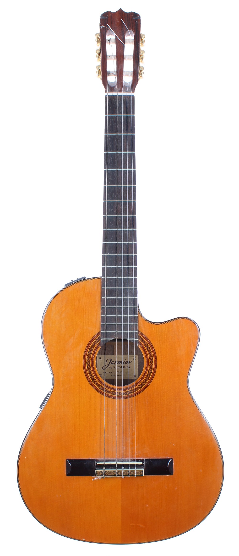 Jasmine by Takamine TC28C electro-classical guitar, made in Korea, ser. no. 8xxxx1; Back & Sides: