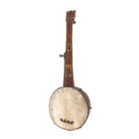 19th century English fretless six string banjo, with Tunbridge Ware inlay to the fingerboard, 11"