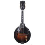 Gibson EM-150 electric mandolin, factory order number illegible, sunburst finish, split to centre of