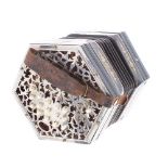 Three row Anglo concertina, with thirty-two bone buttons on pierced metal ends, five-fold bellows,
