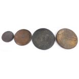 Four various gongs/ tam-tams, largest 25" diameter (4)