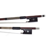 Nickel mounted violin bow, 60gm; also another nickel mounted violin bow, 63gm, both unstamped and