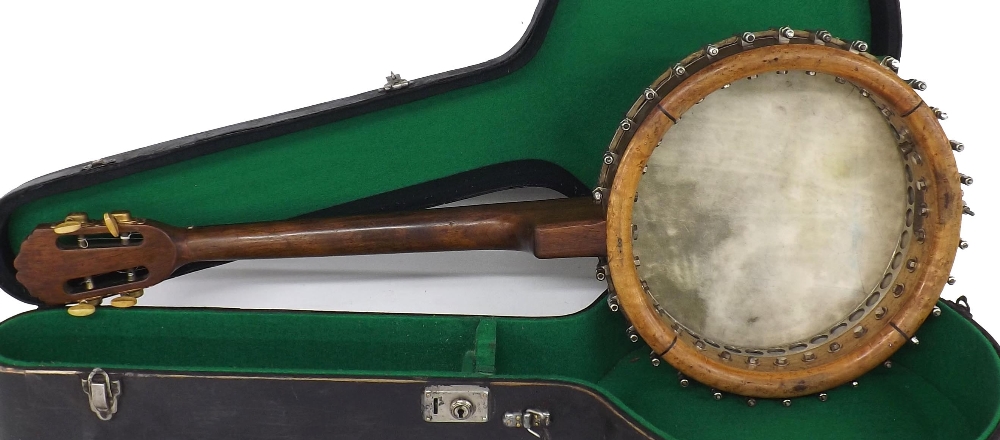 Rare 1930s Selmer tenor banjo, made in France, with rosewood veneered birds eye maple ring, - Image 4 of 8