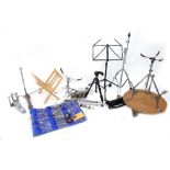 Selection of assorted percussion/drum hardware to include a timpani base, an old Rogers drum