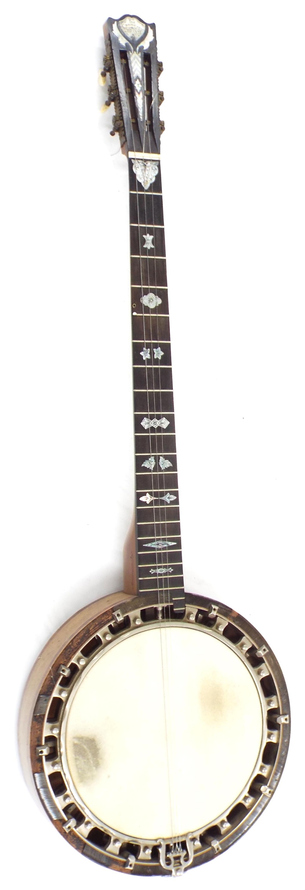 The Cammeyer Vibrante five string banjo, with birds eye maple and walnut cross banded geometric
