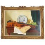 By W.J.M. Clayton - 'Still life with violin and Delft plate', Trompe l'oeil, signed and dated