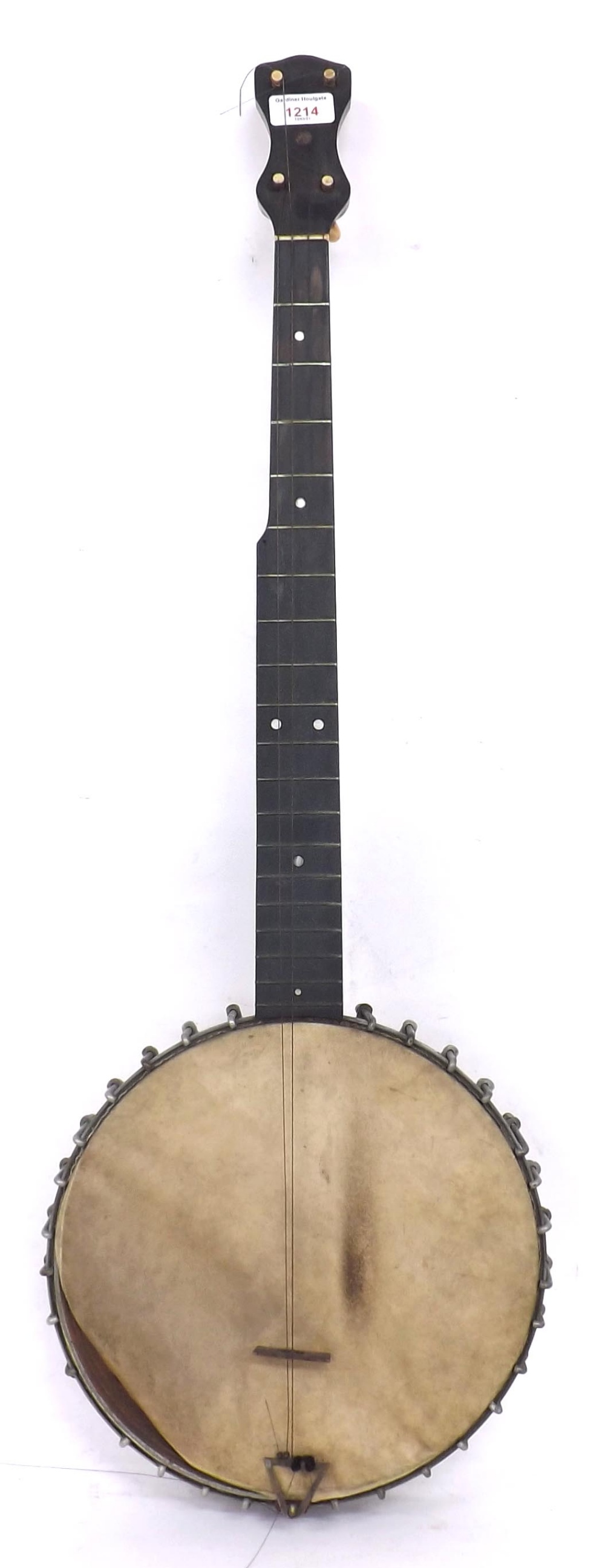 Old five string banjo in need of restoration, bearing the circular maker's plaque of George