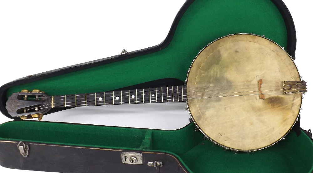 Rare 1930s Selmer tenor banjo, made in France, with rosewood veneered birds eye maple ring, - Image 3 of 8