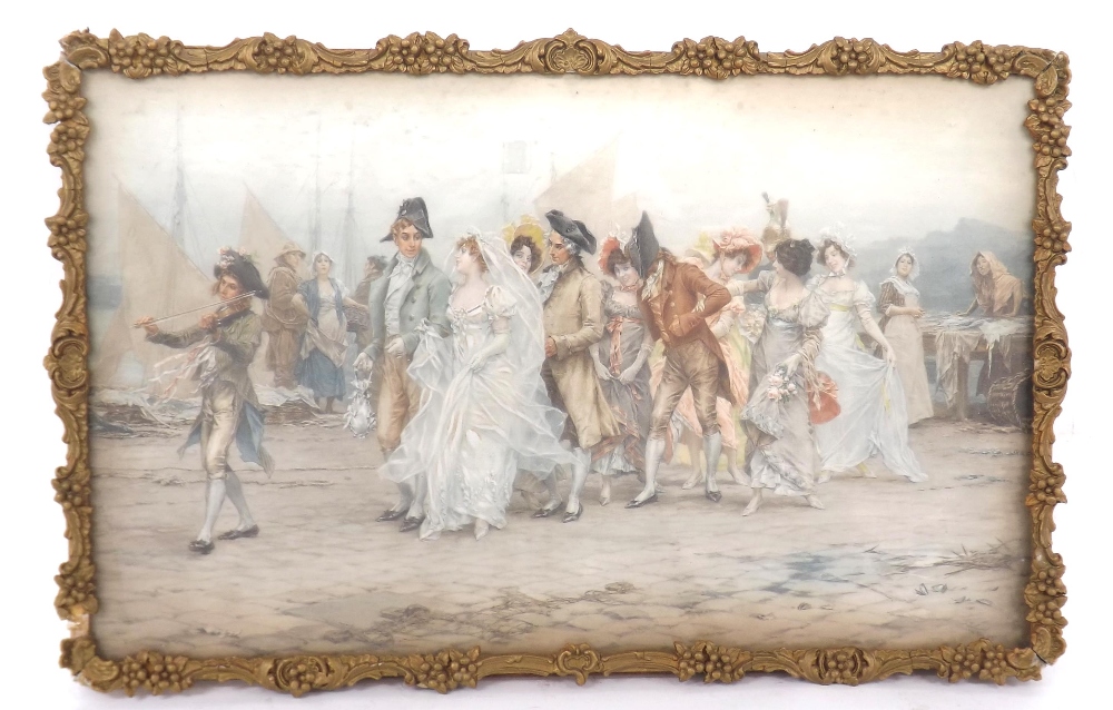 Framed coloured print depicting an 18th century marriage procession led by a violinist on a