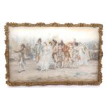 Framed coloured print depicting an 18th century marriage procession led by a violinist on a