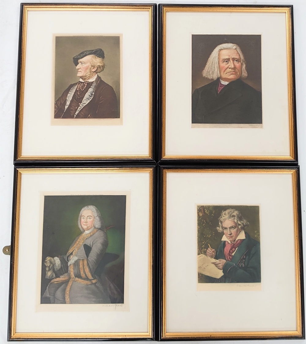 Group of four coloured etchings of famous musicians/composers, all published by The Museum