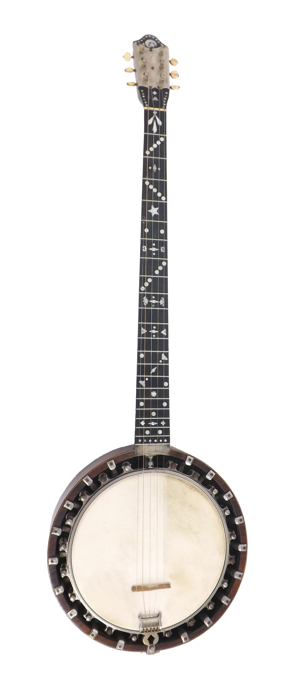 Interesting unnamed five string banjo, the rosewood resonator inlaid with boxwood lines, the