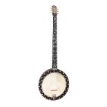 Interesting unnamed five string banjo, the rosewood resonator inlaid with boxwood lines, the