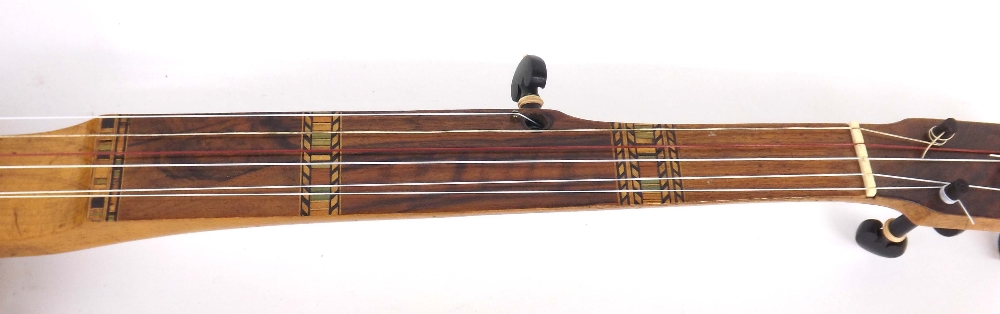 Rare six string fretless minstrel banjo, circa 1850, with geometric Tunbridge Ware inlay to the - Image 2 of 2