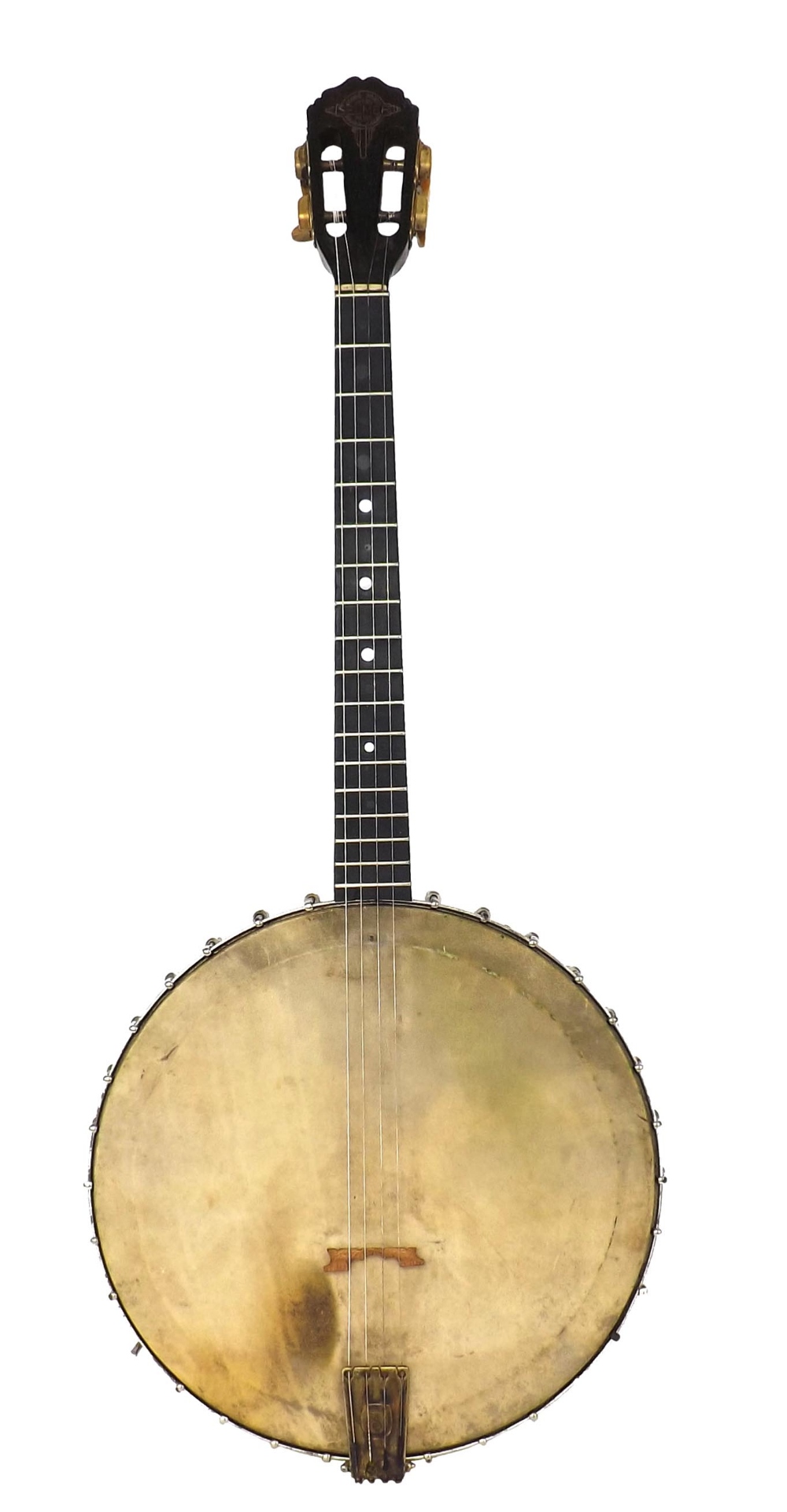 Rare 1930s Selmer tenor banjo, made in France, with rosewood veneered birds eye maple ring,