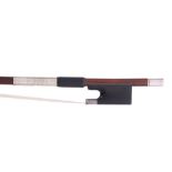 Fine English silver mounted violin bow by and stamped Jas Tubbs, the stick round, the ebony frog