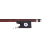 Old German nickel mounted violin bow, unstamped, the stick round, the ebony frog inlaid with