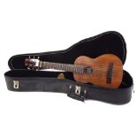 Stuart Longridge hybrid six string left-handed ukulele, within a semi-rigid case