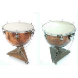 Rare and important pair of Parsons Super Ideal copper pedal tuned timpani drums, 29" and 26", each