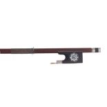 Old German nickel mounted violin bow, unstamped, the stick octagonal, the ebony frog inlaid with