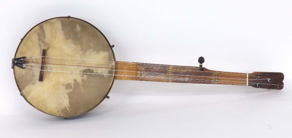 Rare six string fretless minstrel banjo, circa 1850, with geometric Tunbridge Ware inlay to the