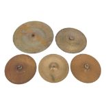 Five various single brass cymbals, varying in size from 11 5/8" to 18" (5)