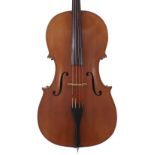 Early 20th century German violoncello, 29 3/4", 75.60cm, bow, hard case and spare old fitted pegs