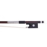 Silver mounted viola bow by and branded Jan Kudanowski, the stick octagonal, the ebony frog inlaid