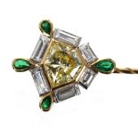 Exquisite modified kite-shapped yellow diamond, baguette-cut diamond and emerald set pin, the yellow