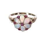 Antique yellow gold ruby and opal cluster ring, 12mm diameter, 3.1gm, ring size O