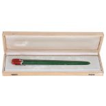 20th century jade and enamel paper knife, possibly Russian, with an enamel terminal and diamonds set