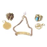 18k identity bracelet, two rings and two pendants, 33.9gm (5) (317)
