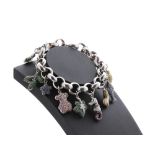 White metal bracelet with twelve stone gem and diamond set charms, 72.6gm (365)