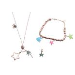 Dodo - green stone starfish pendant, charm bracelet with three charms, charm necklace with two