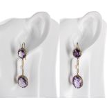 Pair of amethyst and cultured pearl yellow metal drop earrings, 6.8gm, 51mm