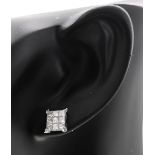 Pair 18ct white gold nine stone princess-cut invisible set square stud earrings, diamonds 2.00ct