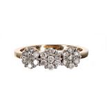 Modern 9ct diamond cluster trilogy ring, round brilliant-cut, 6mm, 2.4gm, ring size M/N