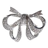 Fancy white gold diamond bow brooch, round brilliant-cut, 5.70ct approx, 20.5gm, 49mm x 41mm, with a