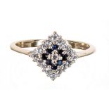 Sapphire and diamond square cluster ring, 9ct, 11mm, 2.3gm, ring size L